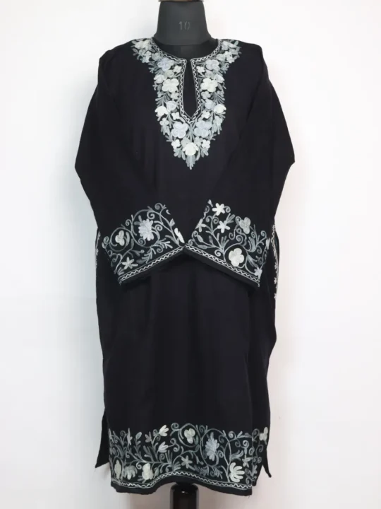 Black Aari Work Huda Jaal Border Pheran in Cashmilon Wool