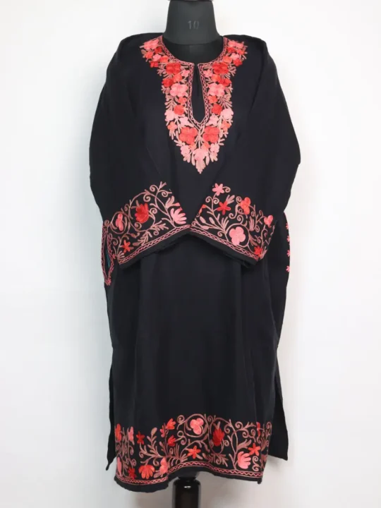 Aari Work Jaal Border Pheran in Huda Black Cashmilon Wool