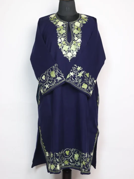 Aari Work Jaal Border Pheran in Huda Dark Blue Cashmilon Wool