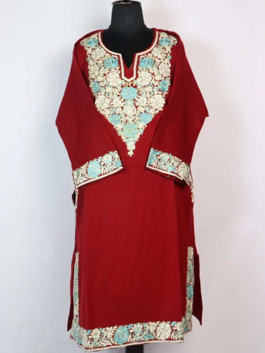 Cashmilon Wool Maroon Pheran Zari Work Shazia