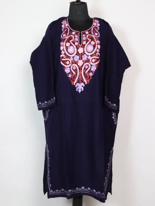 Shafat Aari Embroidery dark Blue Pheran in Cashmilon Wool