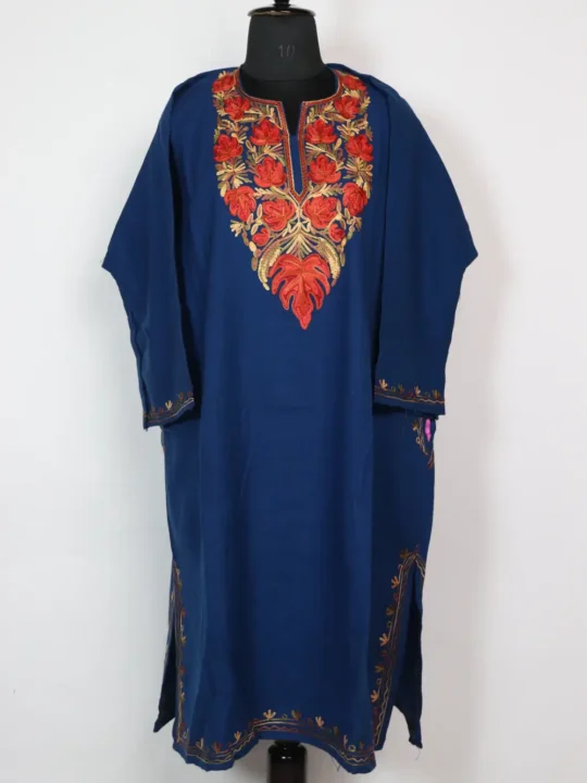 Heavy Daman Aari Embroidery Blue Pheran in Cashmilon Wool