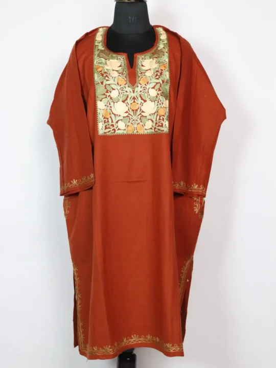 Aari Embroidery Rust Loose Pheran in Cashmilon Wool