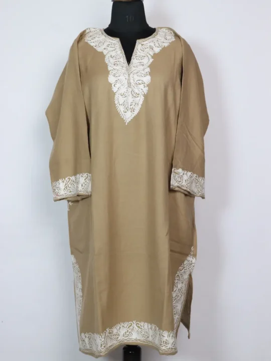 Noorain Aari Embroidery Beige Pheran in Cashmilon Wool