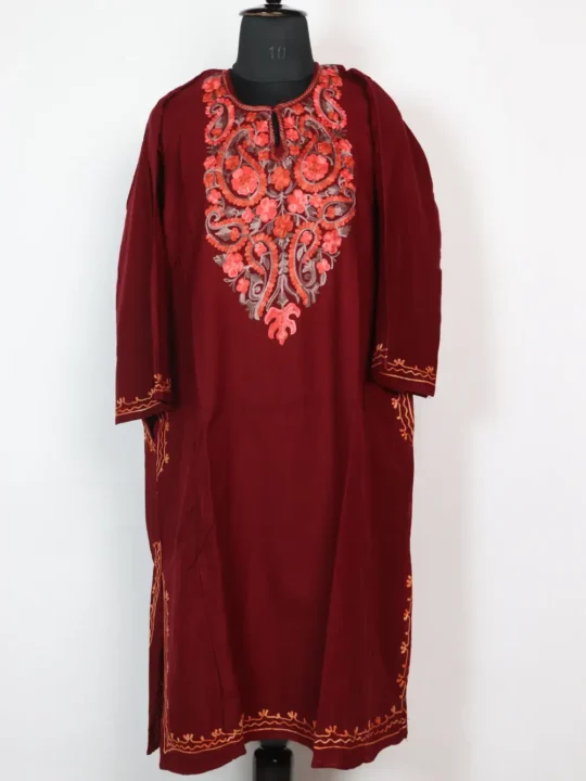 Maroon Loose Pheran Aari Embroidery in Cashmilon Wool