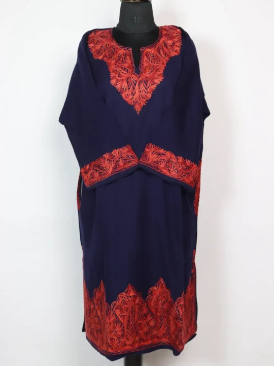 Dark Blue Heavy Daman Noorain Aari Embroidery Pheran in Cashmilon Wool