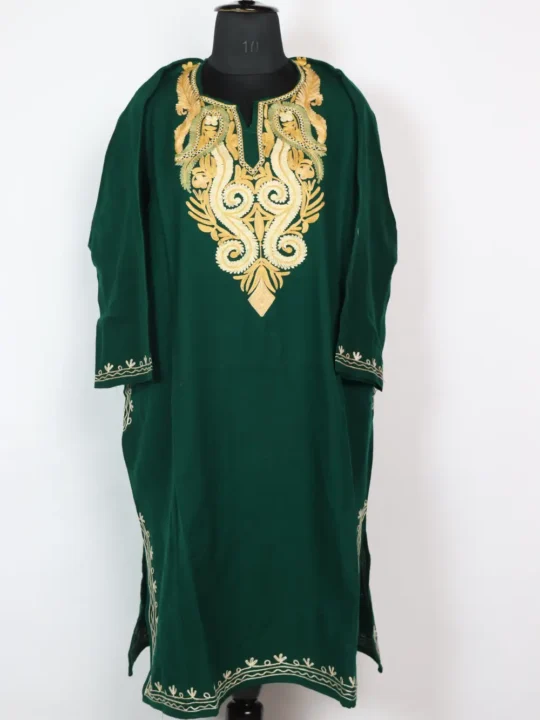 Green Pheran in Cashmilon Wool with Badam Aari Work
