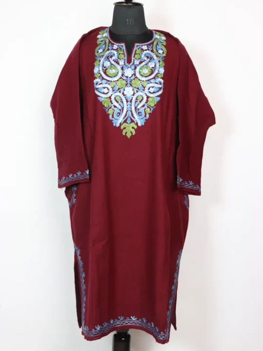 Maroon Loose Pheran in Cashmilon Wool with Badam Aari Work