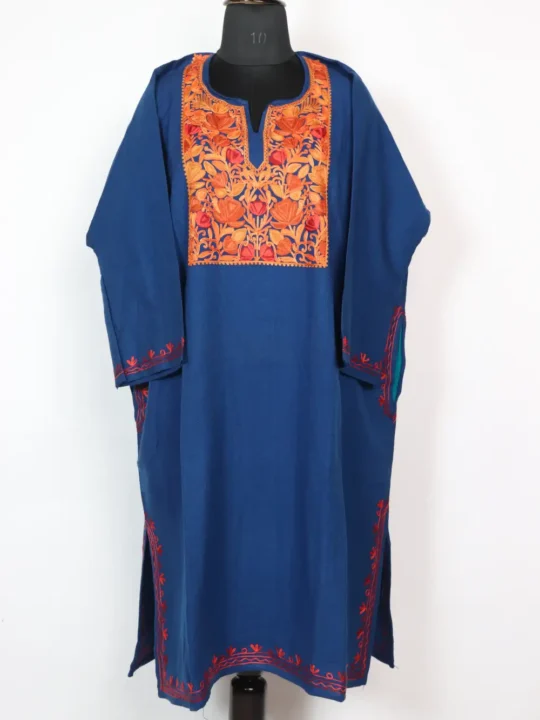 Loose Blue Pheran in Cashmilon Wool with Aari Work