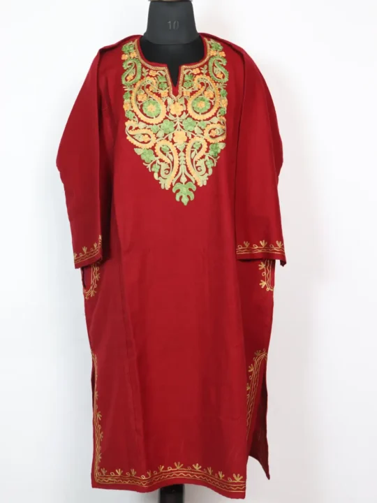 Cashmilon Wool Loose Maroon Pheran with Aari Work