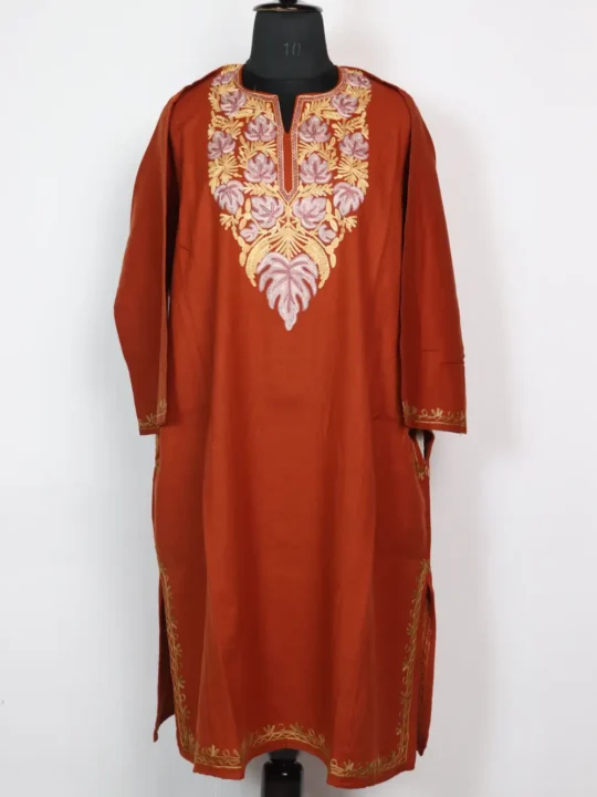 Rust Chinar Aari Work Loose Pheran in Cashmilon Wool