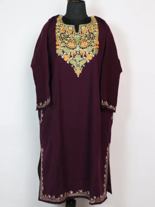 Purple Badam Aari Work Loose Pheran in Cashmilon Wool