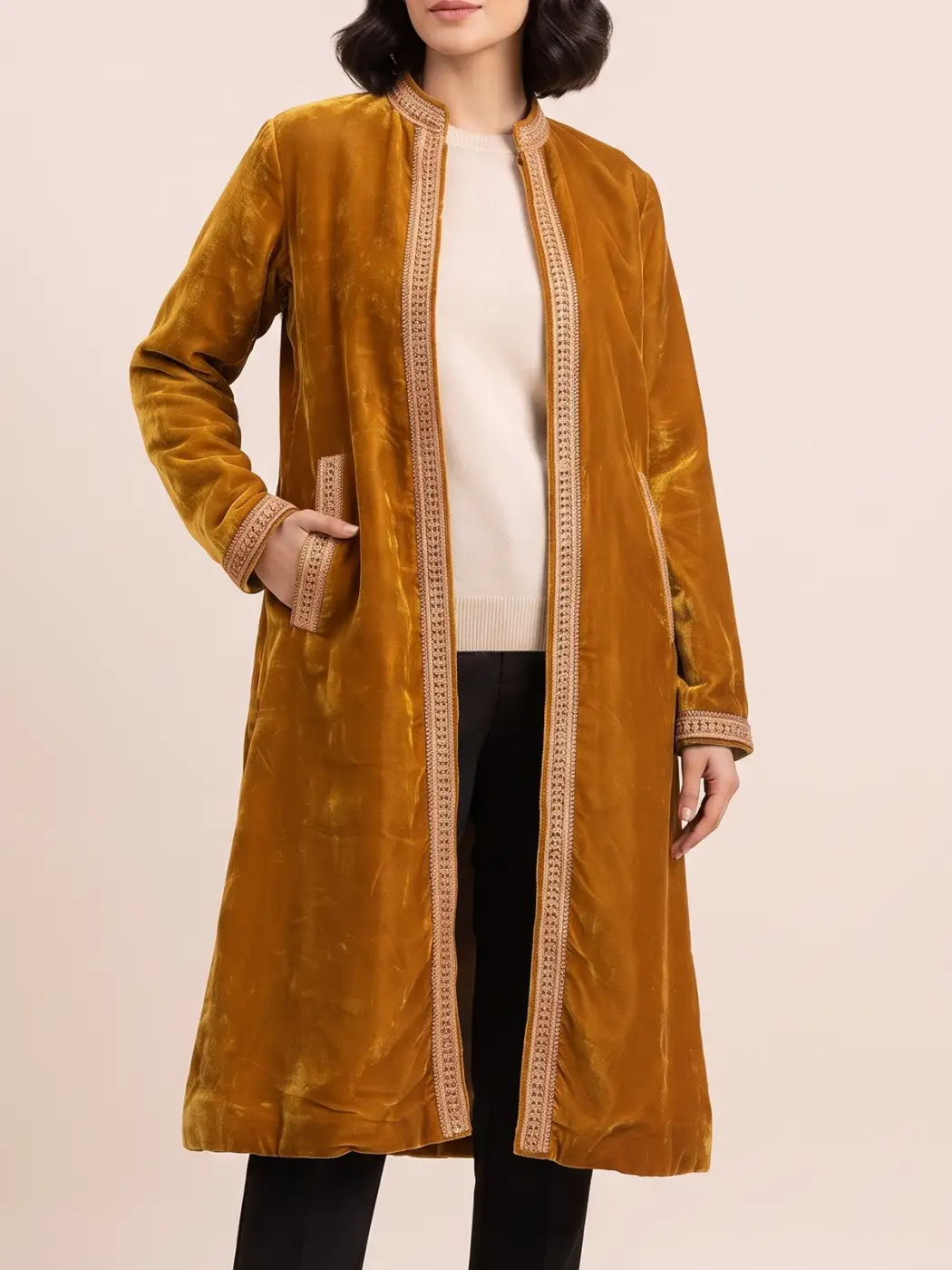 Kashmiri Velvet Brown Designer Coat with Botte Tilla Work
