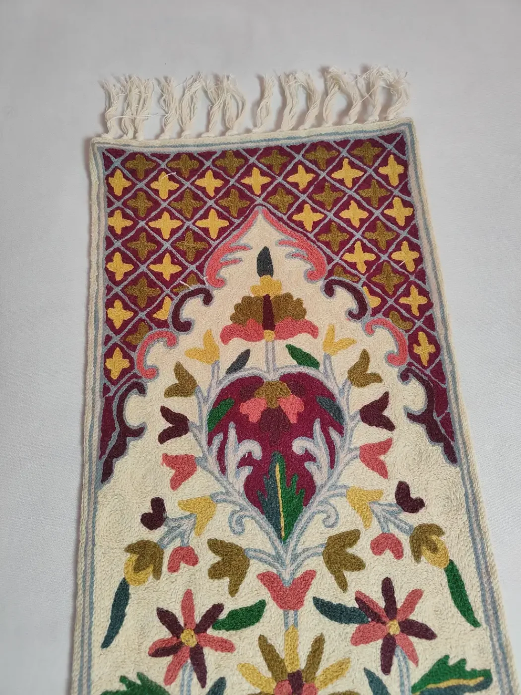 Cream Kashmiri Runner Flower Pot Chain Stitch Embroidered 4Feet - Image 4