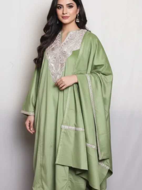 Green Loose Pheran Set With Dupatta and Trouser | Partywear Velvet Tilla