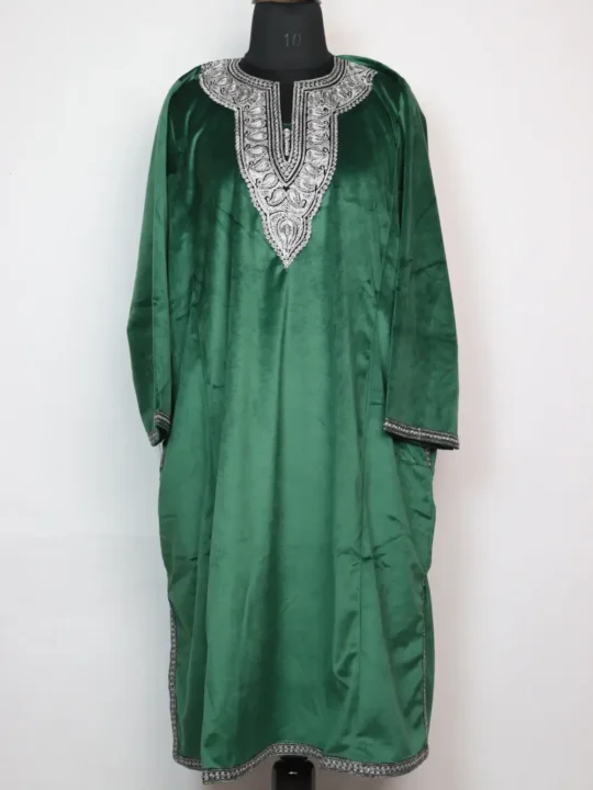 Majabeen Loose Green Velvet Pheran with Zari Tilla Embroidery