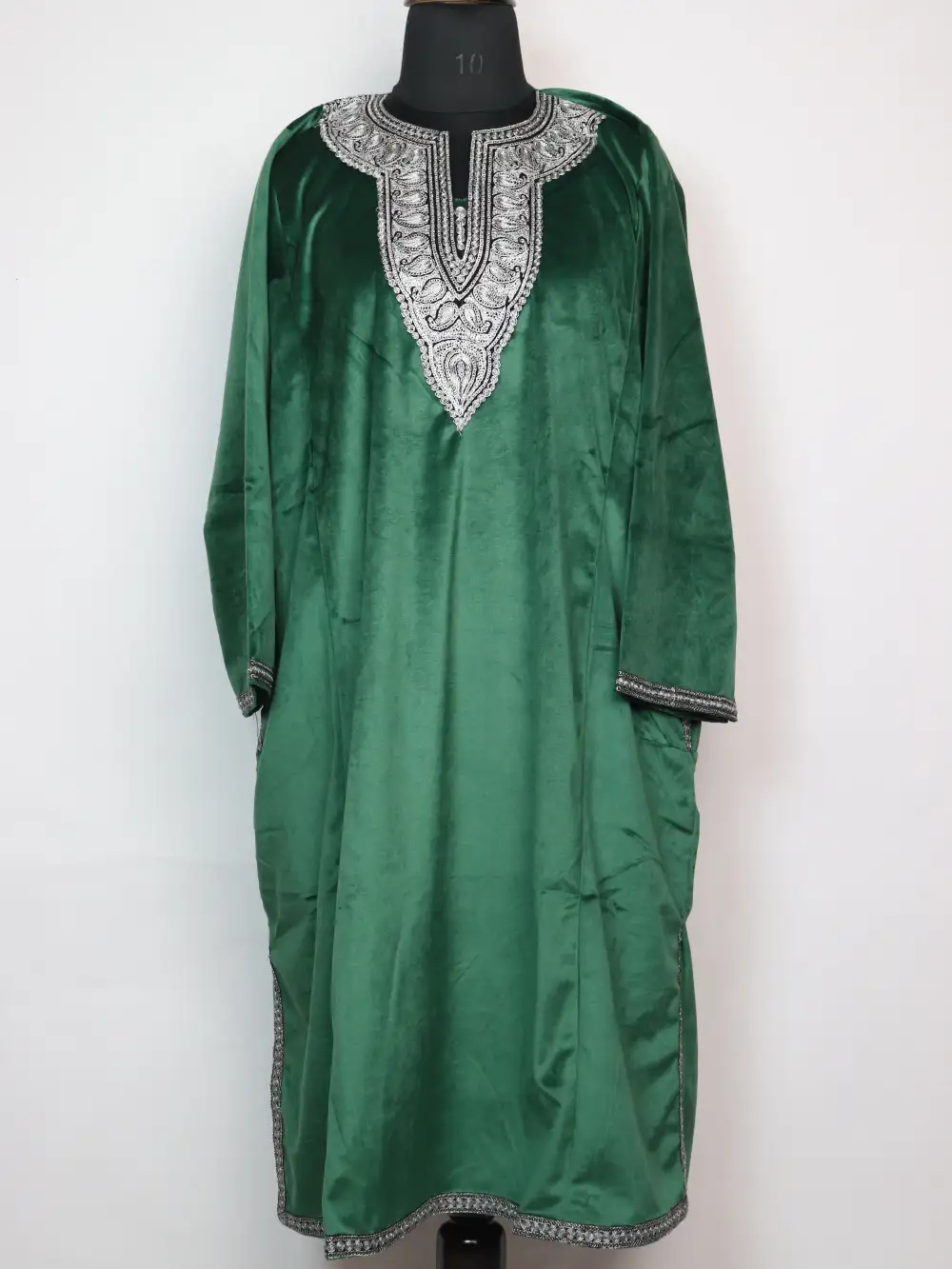 Majabeen Loose Green Velvet Pheran with Zari Tilla Embroidery