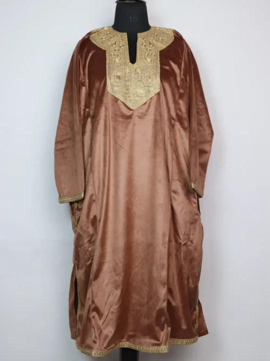 Brown Zari Tilla Work Mehnoor Loose Pheran in Velvet