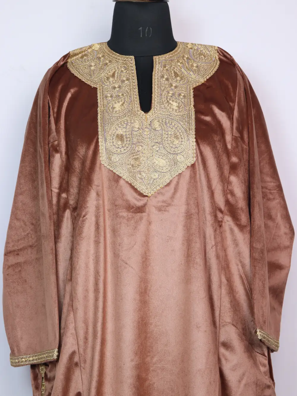 Brown Zari Tilla Work Mehnoor Loose Pheran in Velvet - Image 2