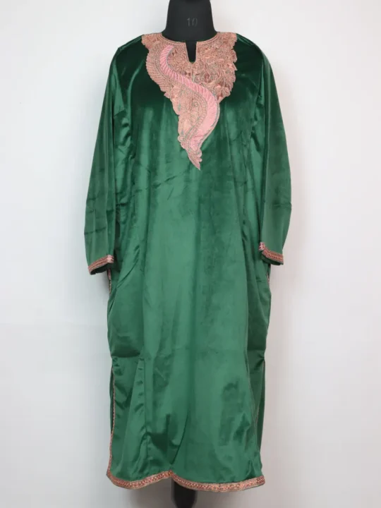 Qudrat Green Loose Velvet Pheran with Zari Tilla Embroidery