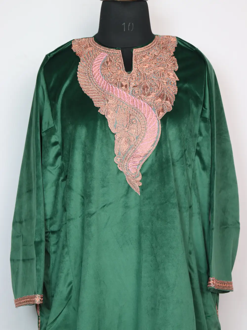 Qudrat Green Loose Velvet Pheran with Zari Tilla Embroidery - Image 2