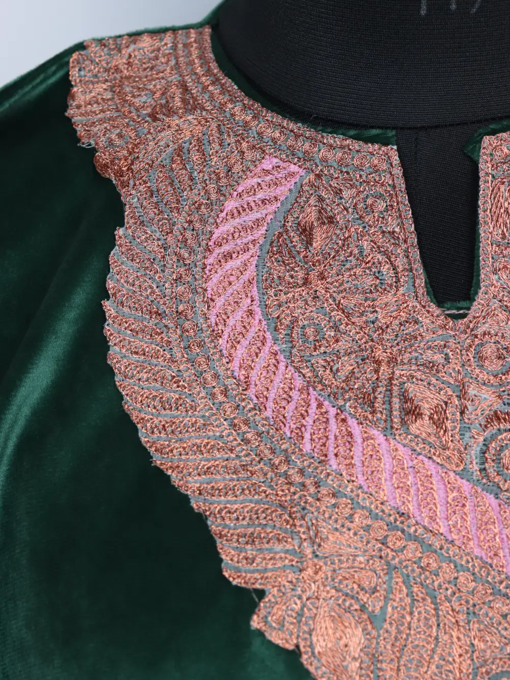 Qudrat Green Loose Velvet Pheran with Zari Tilla Embroidery - Image 3