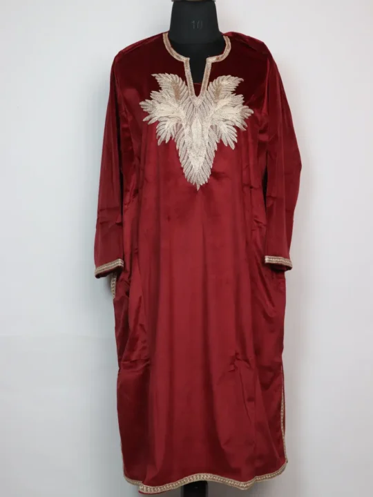 Gulbahar Maroon Loose Velvet Pheran with Zari Tilla Embroidery