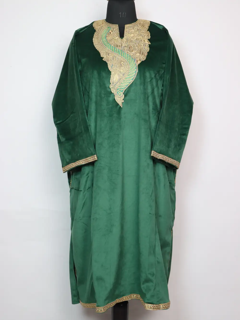 Green Zari Tilla Work Mehnoor Loose Pheran in Velvet