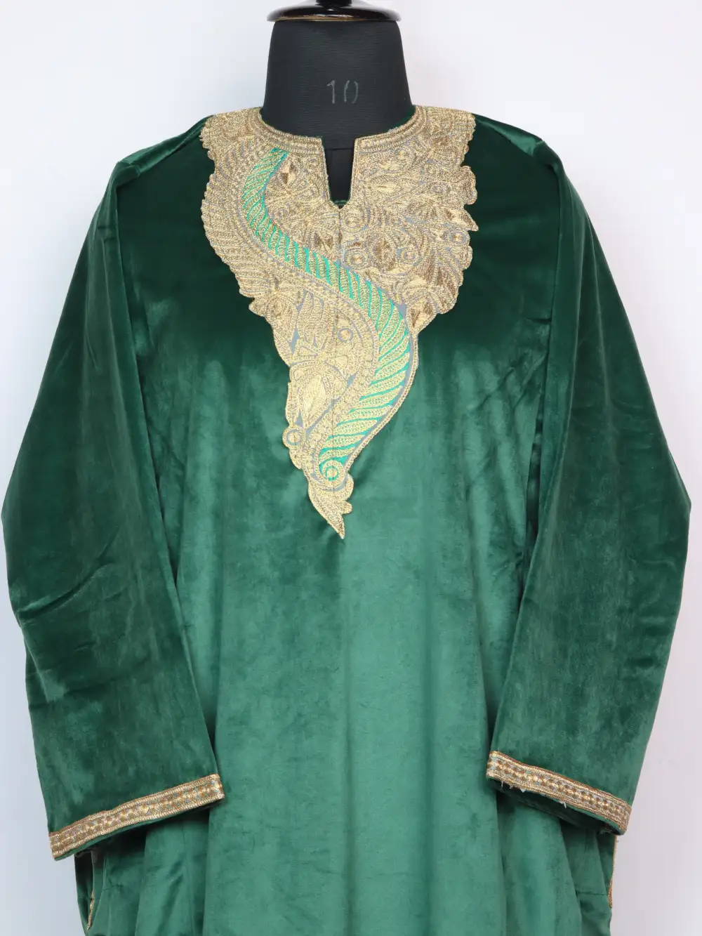 Green Zari Tilla Work Mehnoor Loose Pheran in Velvet - Image 2