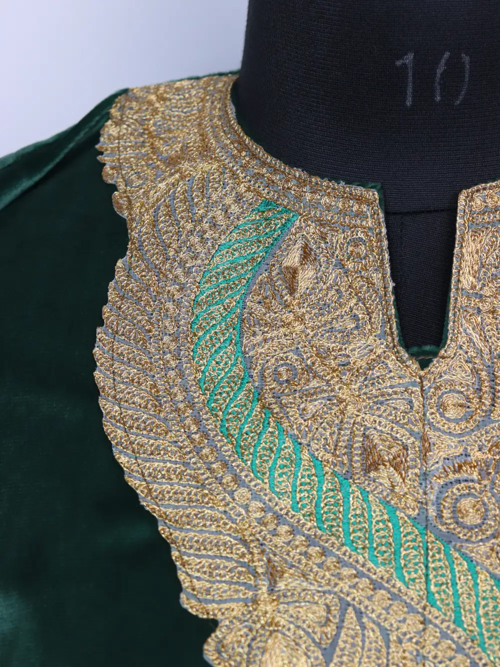 Green Zari Tilla Work Mehnoor Loose Pheran in Velvet - Image 3