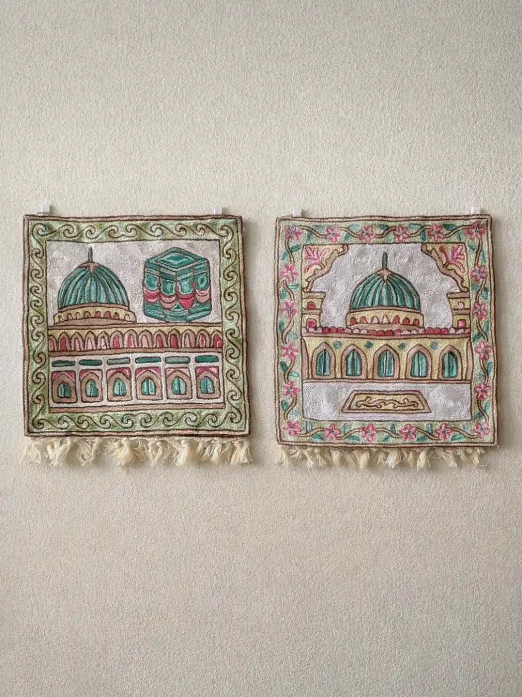 Silk Chain Stitch Embroidery Kashmiri Wall Hanging - Masjid Nabawi and Ka'ba
