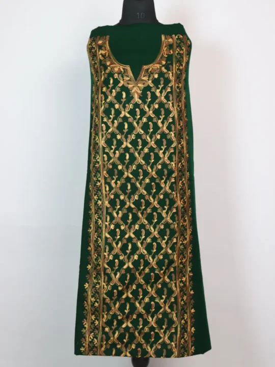 Dark Green 2pc Suit in Cashmilon Wool with Full Panel Aari Work