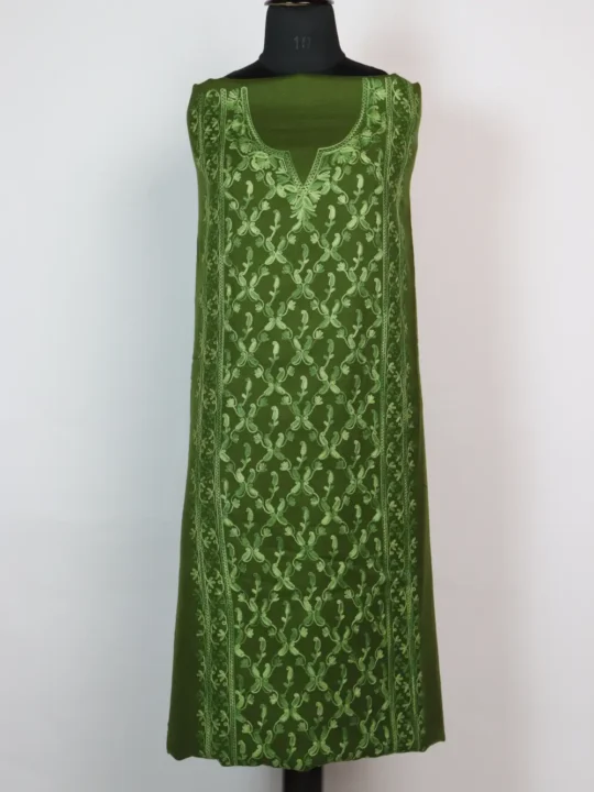 Olive Green 2pc Suit in Cashmilon Wool with Fully Aari Embroidered Panel