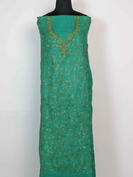 Saira Green 2pc Suit in Crush Cotton with Jaal Aari Work