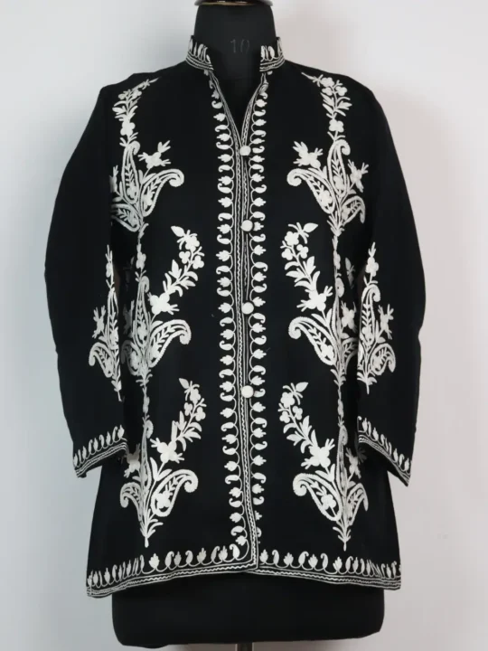 Naaz Aari Work Short Black Coat in Cashmilon Wool