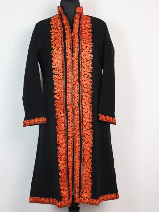 Long Black Cashmilon Wool Aari Embroidery Fareen Jacket