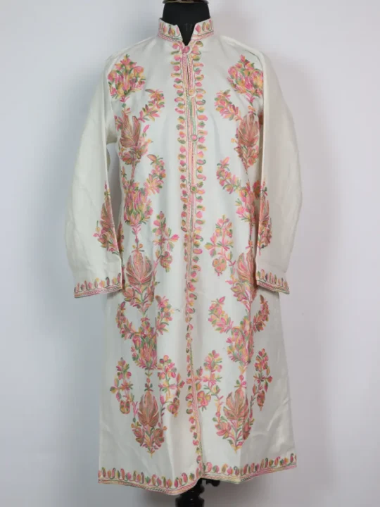 Cashmilon Wool Gulnar Long White Jacket with Aari Work