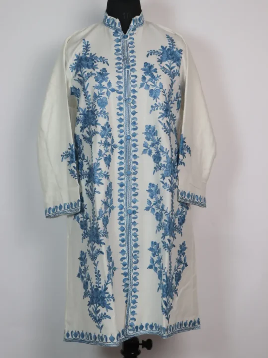 Long Aari Embroidery Naaz White Cashmilon Wool Coat