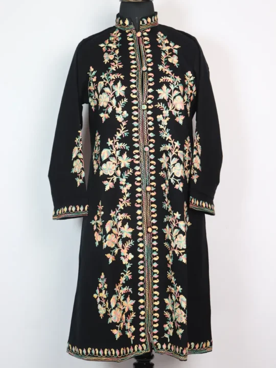 Mahira Long Cashmilon Wool Aari Work Black Coat