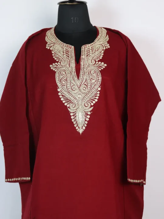 Maroon Nafees Cashmilon Pheran Adorned with Tilla Embroidery