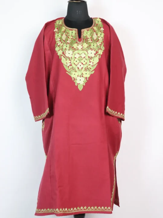 Dark Pink Gulnaz Cashmilon Wool Pheran with Aari Work