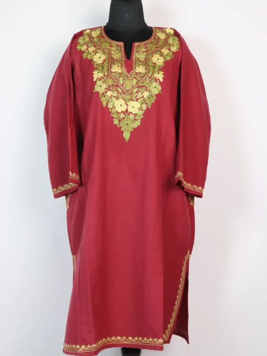 Mahira Cashmilon Wool Dark Pink Phiran with Aari Embroidery