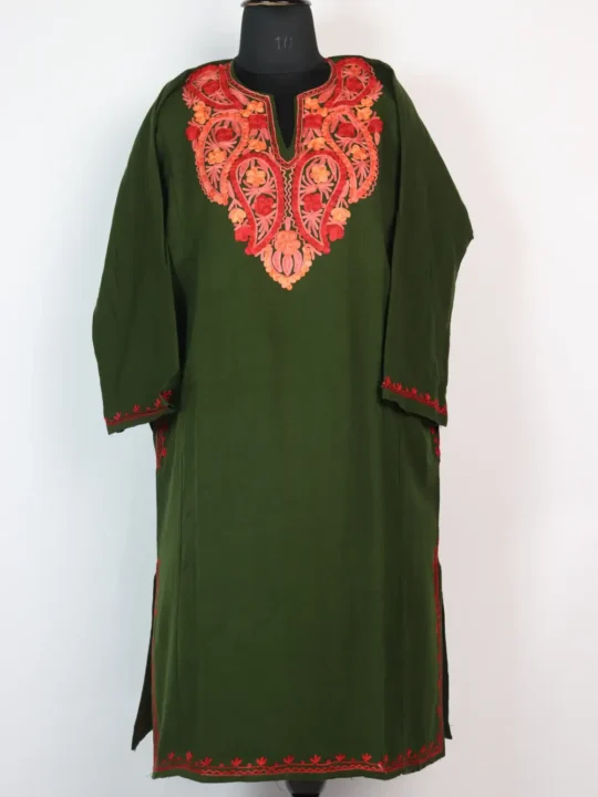 Aari Embroidery Green Pheran Mehnaz in Cashmilon Wool