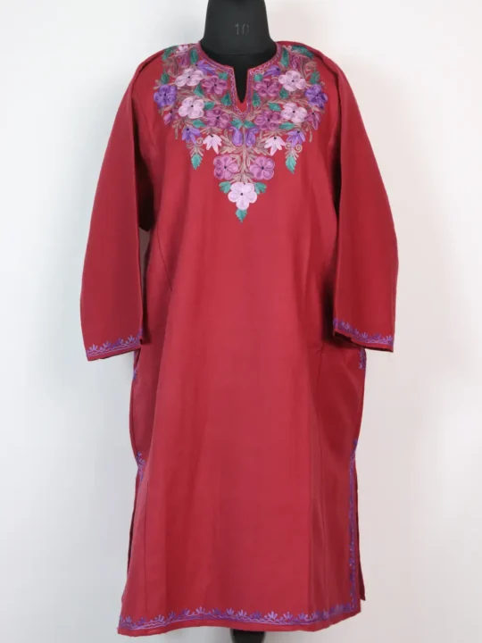 Fareen Dark Pink Pheran in Cashmilon Wool with Aari Work