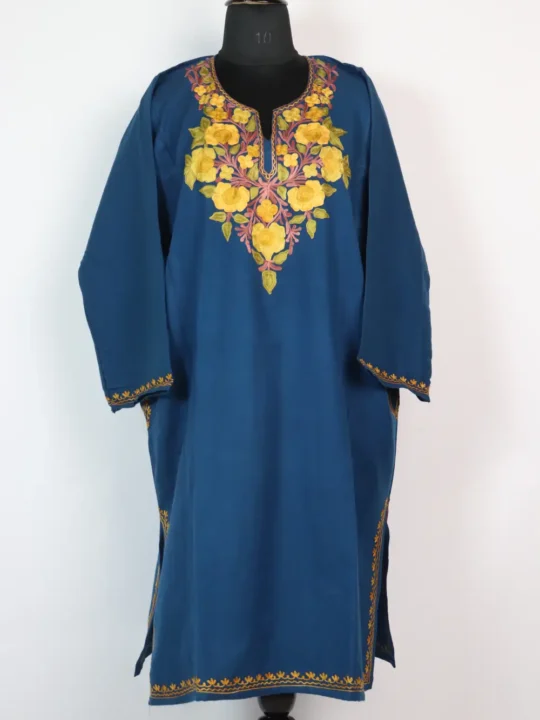 Royal Blue Saba Aari Work Pheran in Cashmilon Wool