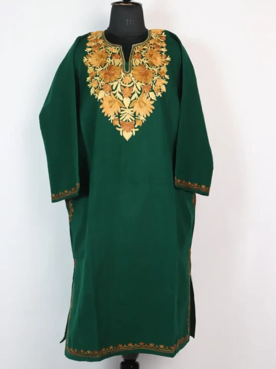Mahjabeen Dark Green Cashmilon Wool Pheran with Aari Embroidery