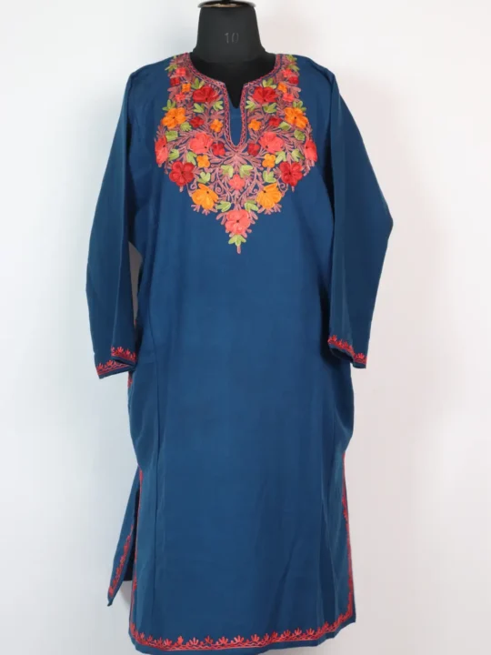 Rabia Teal Blue Pheran in Cashmilon Wool - Aari Work