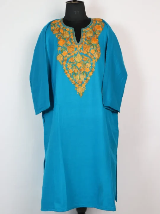 Blue Hina Pheran in Cashmilon Wool with Aari Embroidery