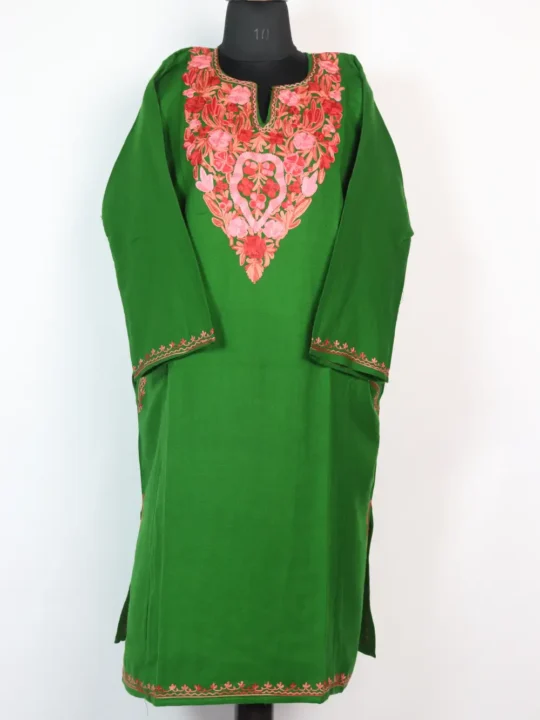Sana Green Pheran in Cashmilon Wool with Aari Work