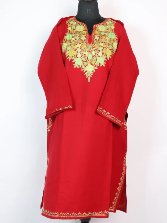 Aari Work Red Pheran Nawal in Cashmilon Wool